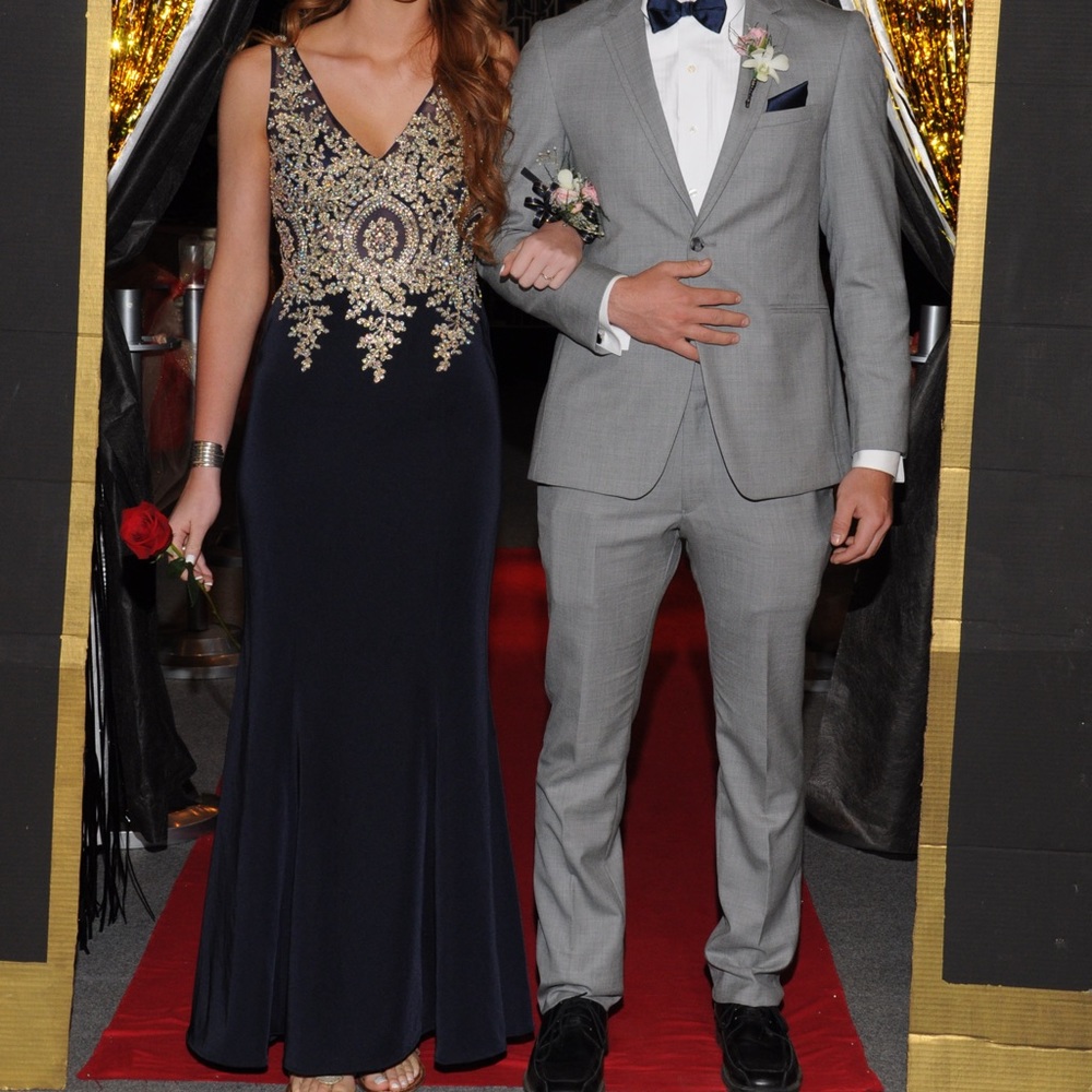 Navy blue and gold prom dress